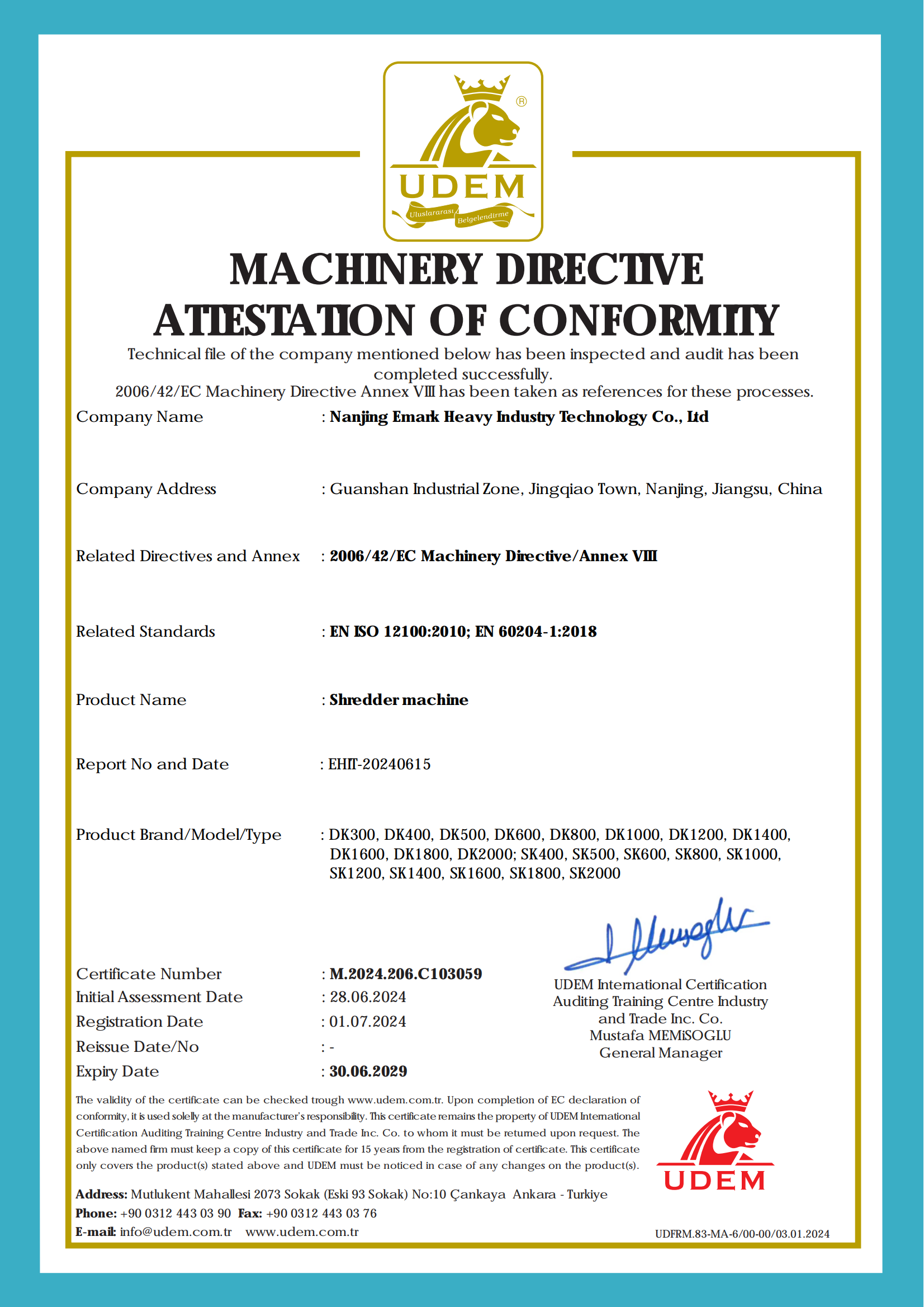 MACHINERY DIRECTVE ATIESTATON OF CONFORMIY